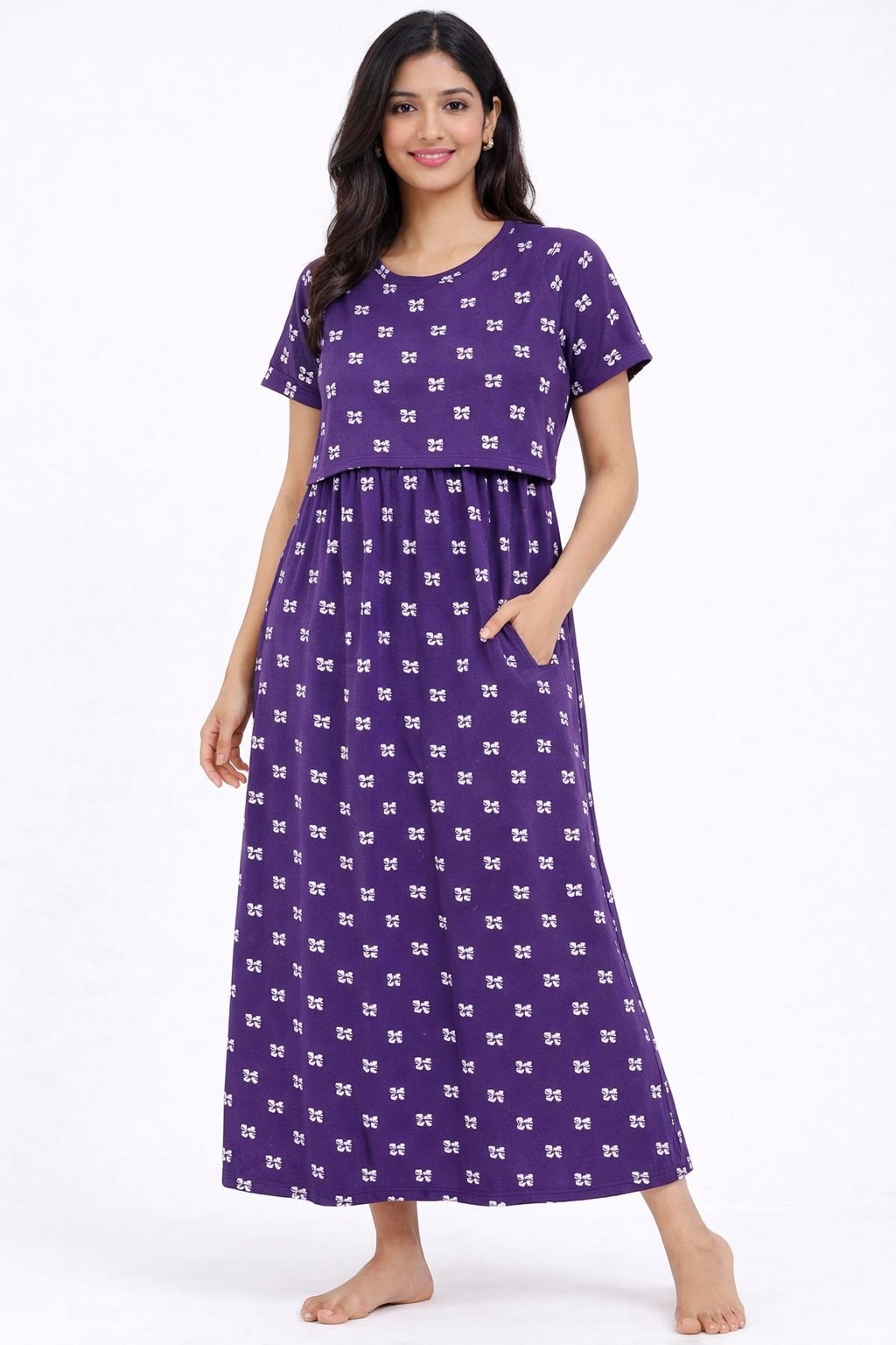165-175 GsmPremium Quality Pure Knitted Cotton Feeding Lounge Wear Zipless type-Purple with White Bow